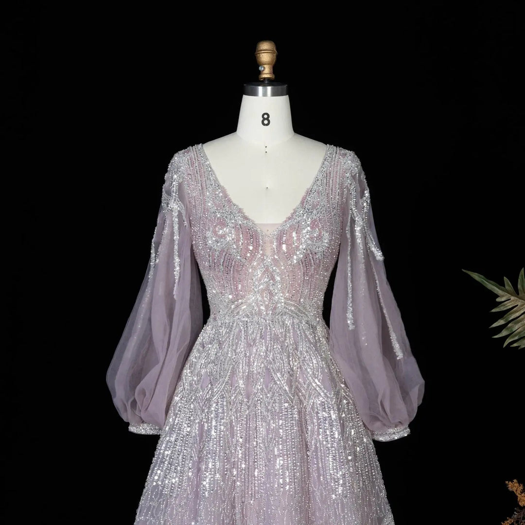 Beaded V Neck Lantern Sleeve A-Line Prom Evening Dress SS057