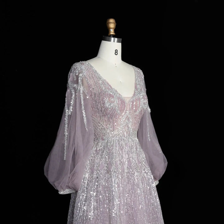 Beaded V Neck Lantern Sleeve A-Line Prom Evening Dress SS057