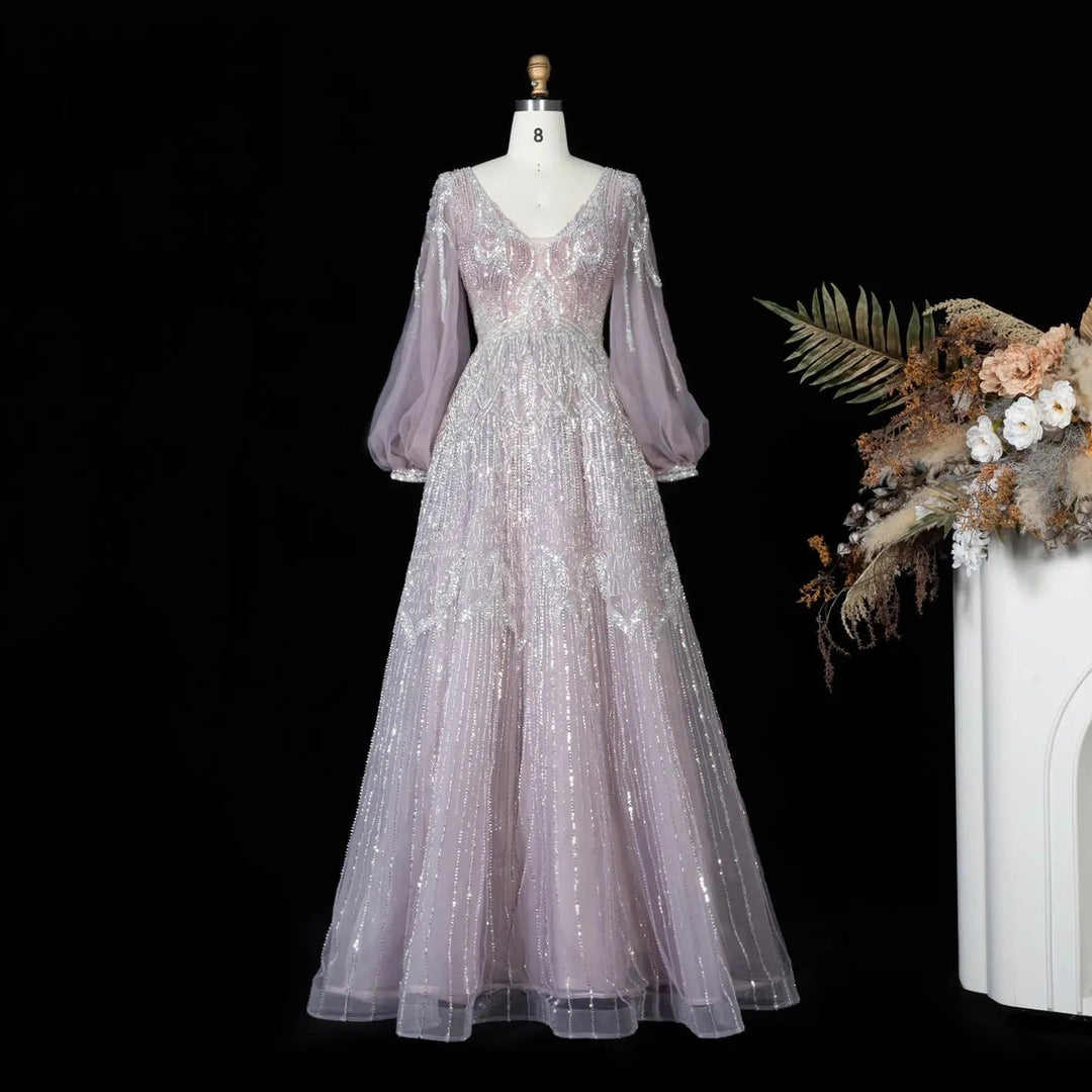 Beaded V Neck Lantern Sleeve A-Line Prom Evening Dress SS057