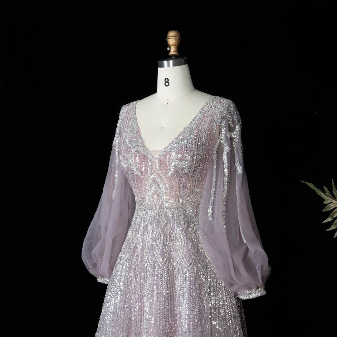 Beaded V Neck Lantern Sleeve A-Line Prom Evening Dress SS057
