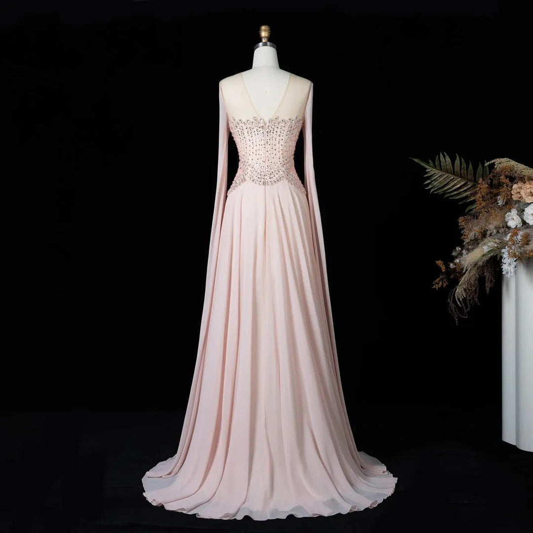 Luxury Pink Beaded Corset Evening Dress with Long Draped Sleeves SS367