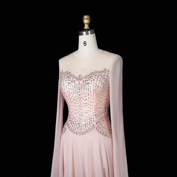 Luxury Pink Beaded Corset Evening Dress with Long Draped Sleeves SS367