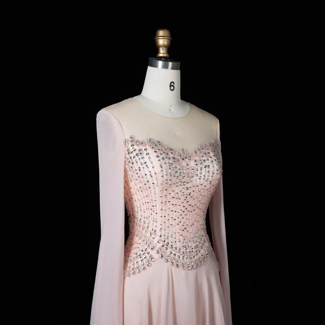 Luxury Pink Beaded Corset Evening Dress with Long Draped Sleeves SS367