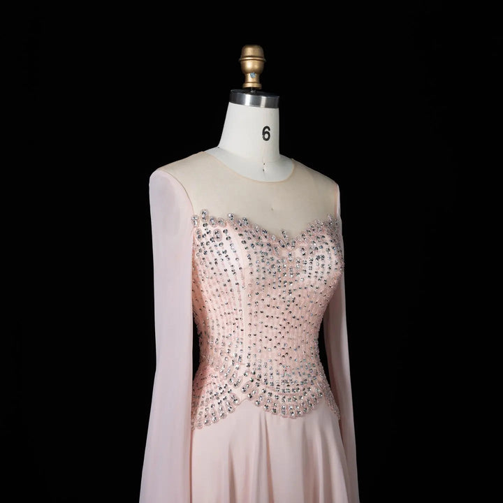 Luxury Pink Beaded Corset Evening Dress with Long Draped Sleeves SS367