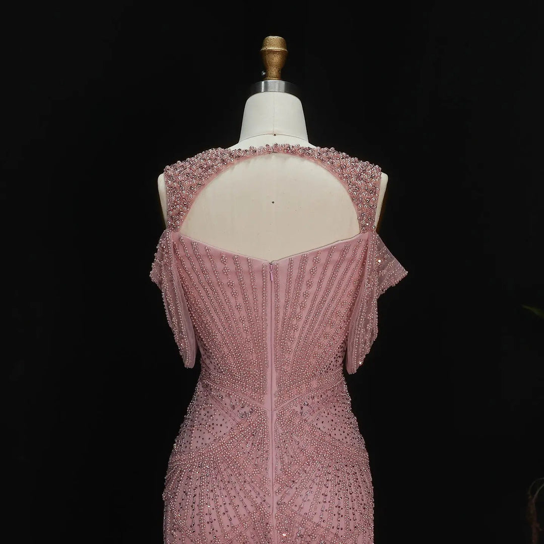 Luxury Pink Champagne Beaded Mermaid Evening Dress SS193