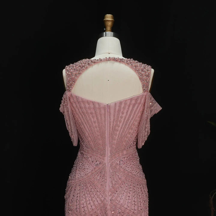 Luxury Pink Champagne Beaded Mermaid Evening Dress SS193