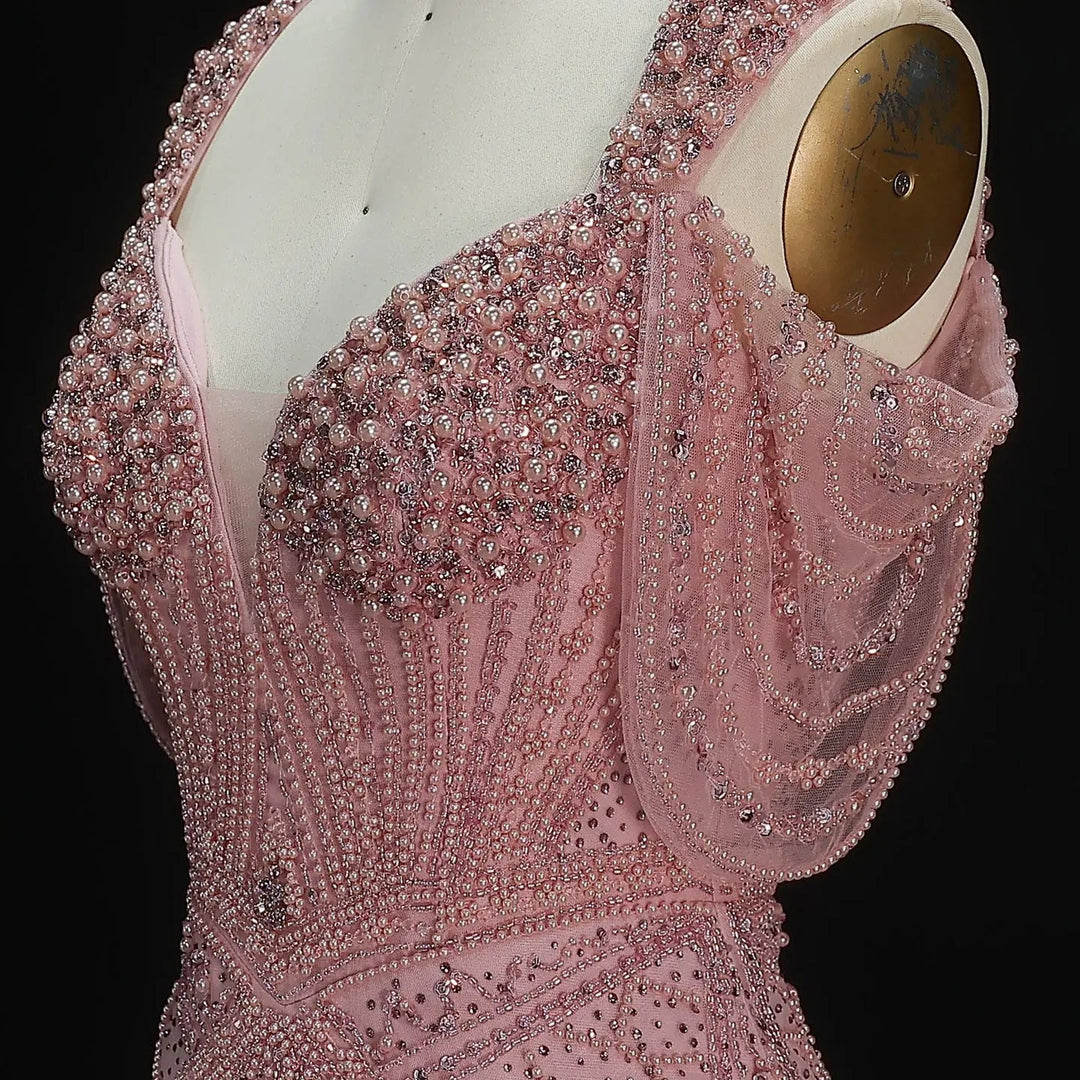 Luxury Pink Champagne Beaded Mermaid Evening Dress SS193