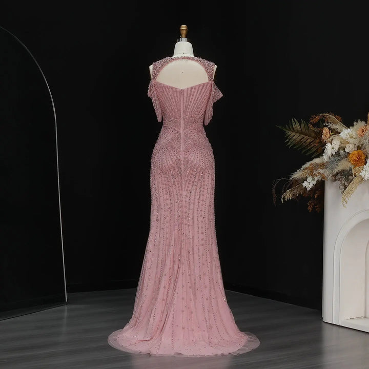 Luxury Pink Champagne Beaded Mermaid Evening Dress SS193