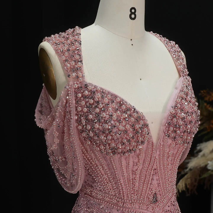 Luxury Pink Champagne Beaded Mermaid Evening Dress SS193