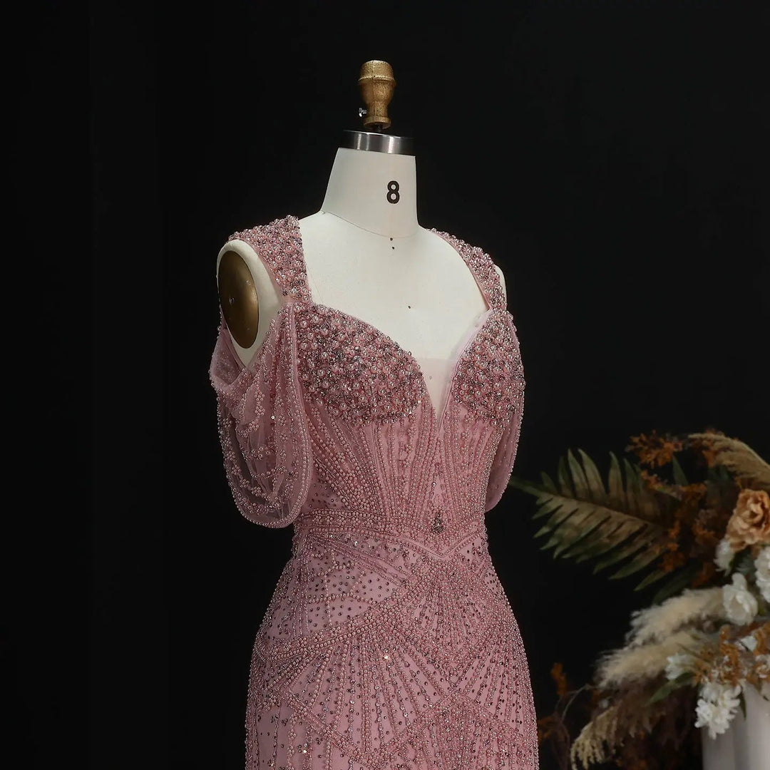 Luxury Pink Champagne Beaded Mermaid Evening Dress SS193