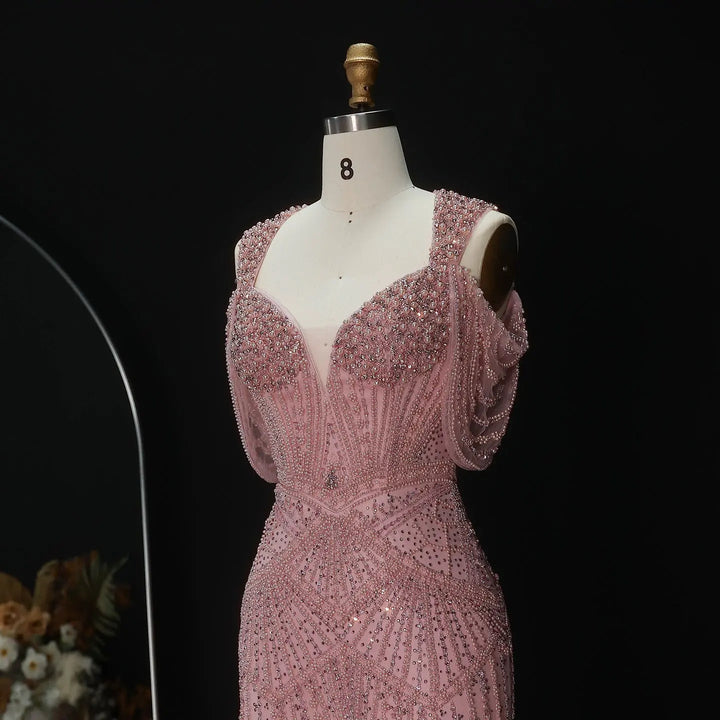 Luxury Pink Champagne Beaded Mermaid Evening Dress SS193