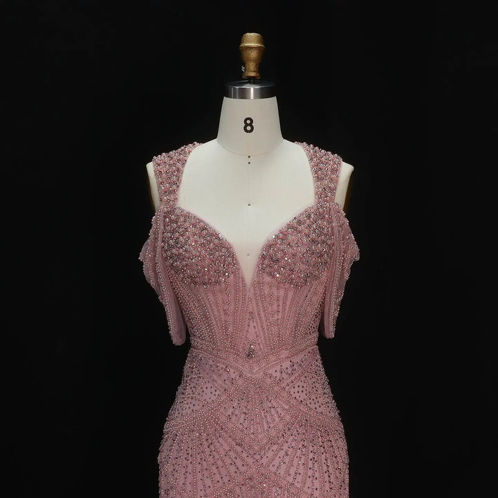 Luxury Pink Champagne Beaded Mermaid Evening Dress SS193