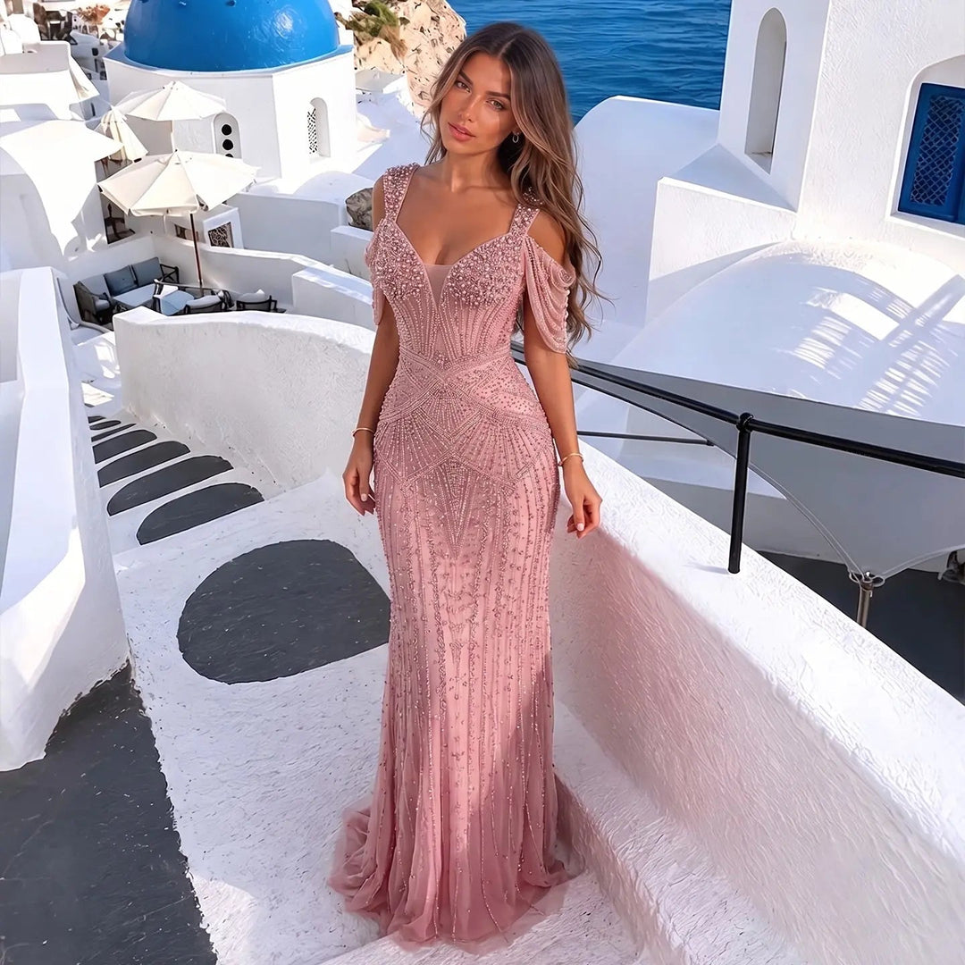 Luxury Pink Champagne Beaded Mermaid Evening Dress SS193
