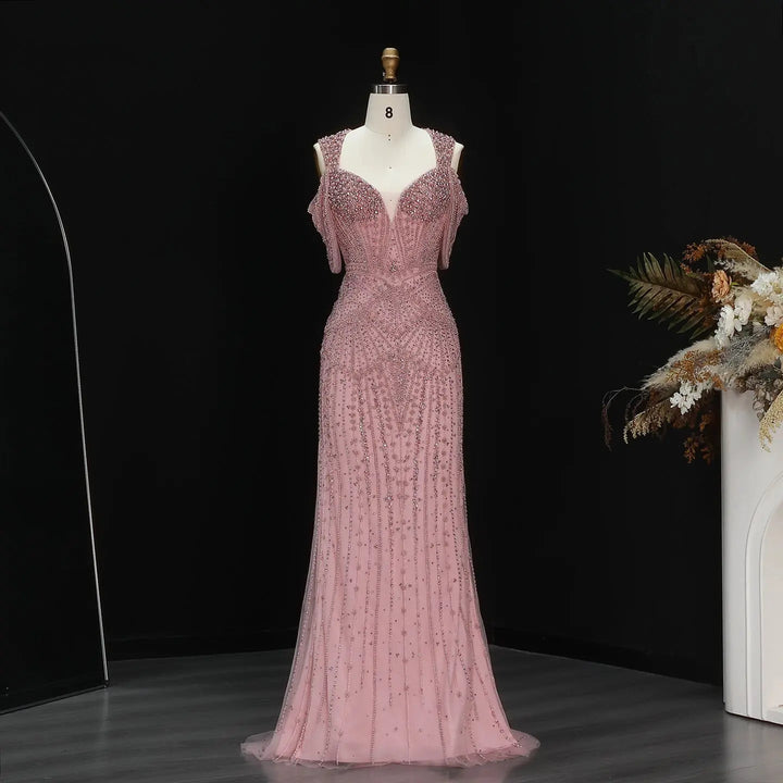 Luxury Pink Champagne Beaded Mermaid Evening Dress SS193