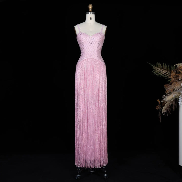 Luxury Yellow Beaded Fringe Evening Dress with Spaghetti Straps SS522