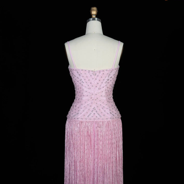 Luxury Yellow Beaded Fringe Evening Dress with Spaghetti Straps SS522