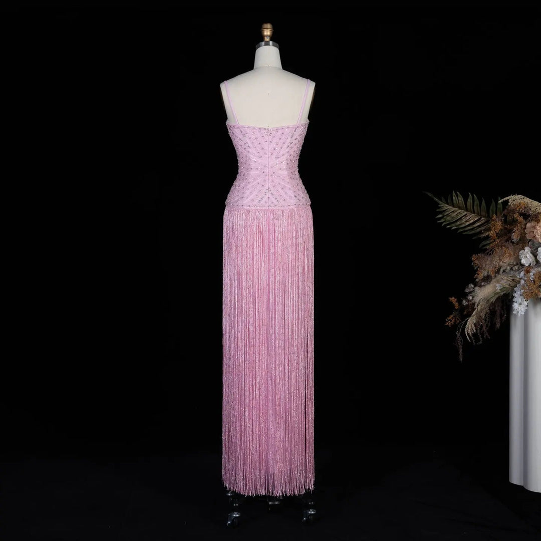 Luxury Yellow Beaded Fringe Evening Dress with Spaghetti Straps SS522
