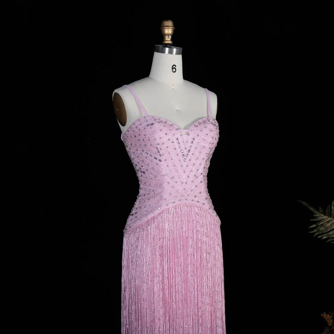 Luxury Yellow Beaded Fringe Evening Dress with Spaghetti Straps SS522