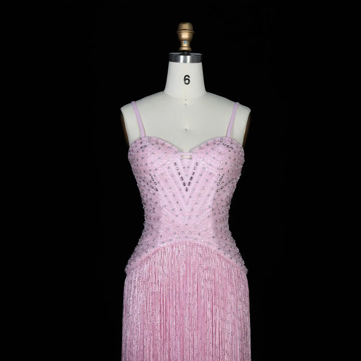 Luxury Yellow Beaded Fringe Evening Dress with Spaghetti Straps SS522