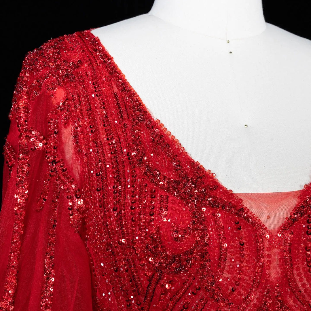 Beaded V Neck Lantern Sleeve A-Line Prom Evening Dress SS057