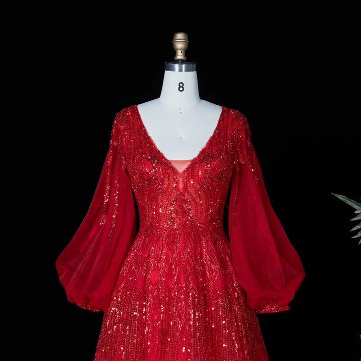 Beaded V Neck Lantern Sleeve A-Line Prom Evening Dress SS057