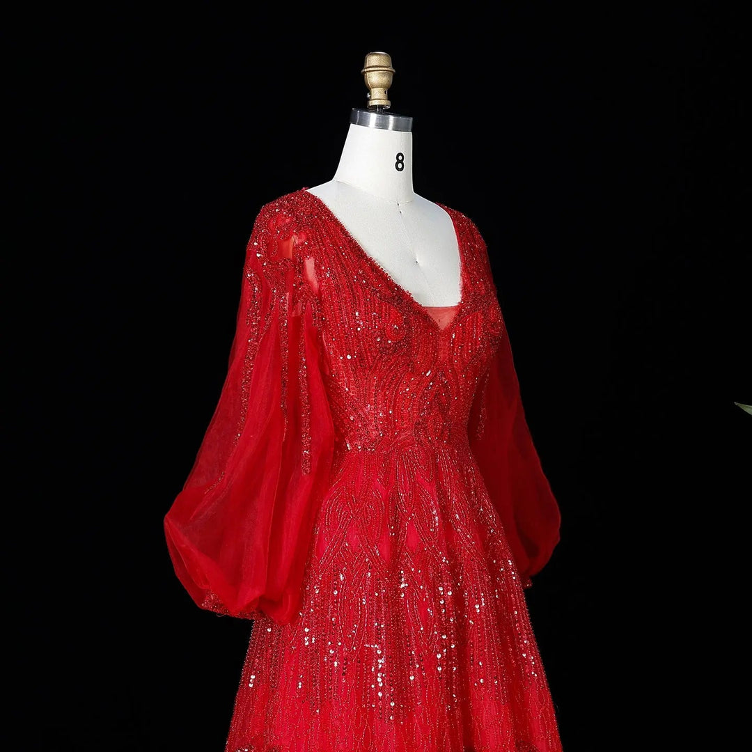 Beaded V Neck Lantern Sleeve A-Line Prom Evening Dress SS057