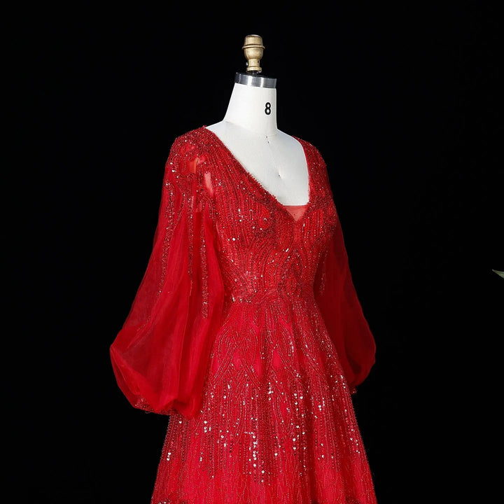 Beaded V Neck Lantern Sleeve A-Line Prom Evening Dress SS057