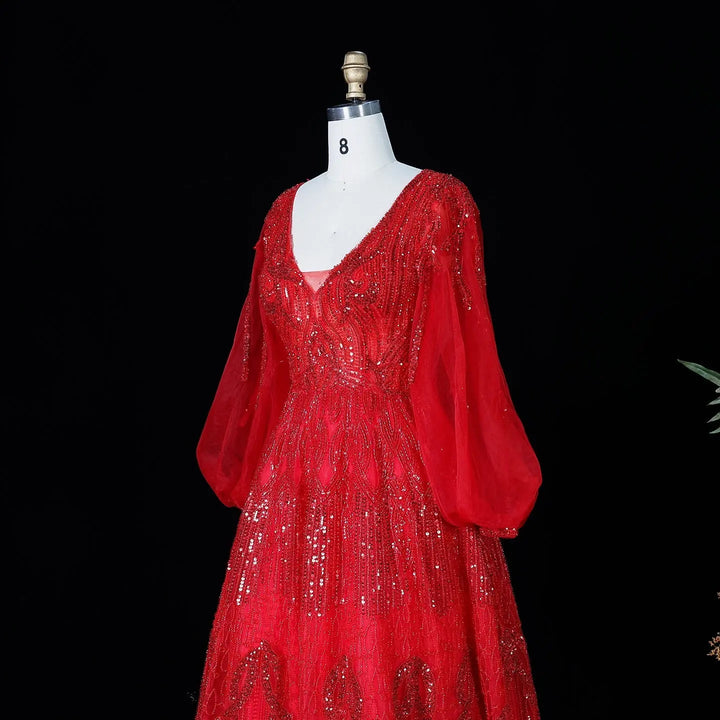 Beaded V Neck Lantern Sleeve A-Line Prom Evening Dress SS057