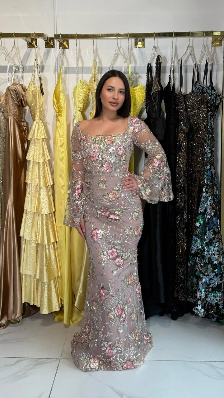 Romantic Rose Pink Appliqué Evening Dress Sparkling Floral Detail SS465