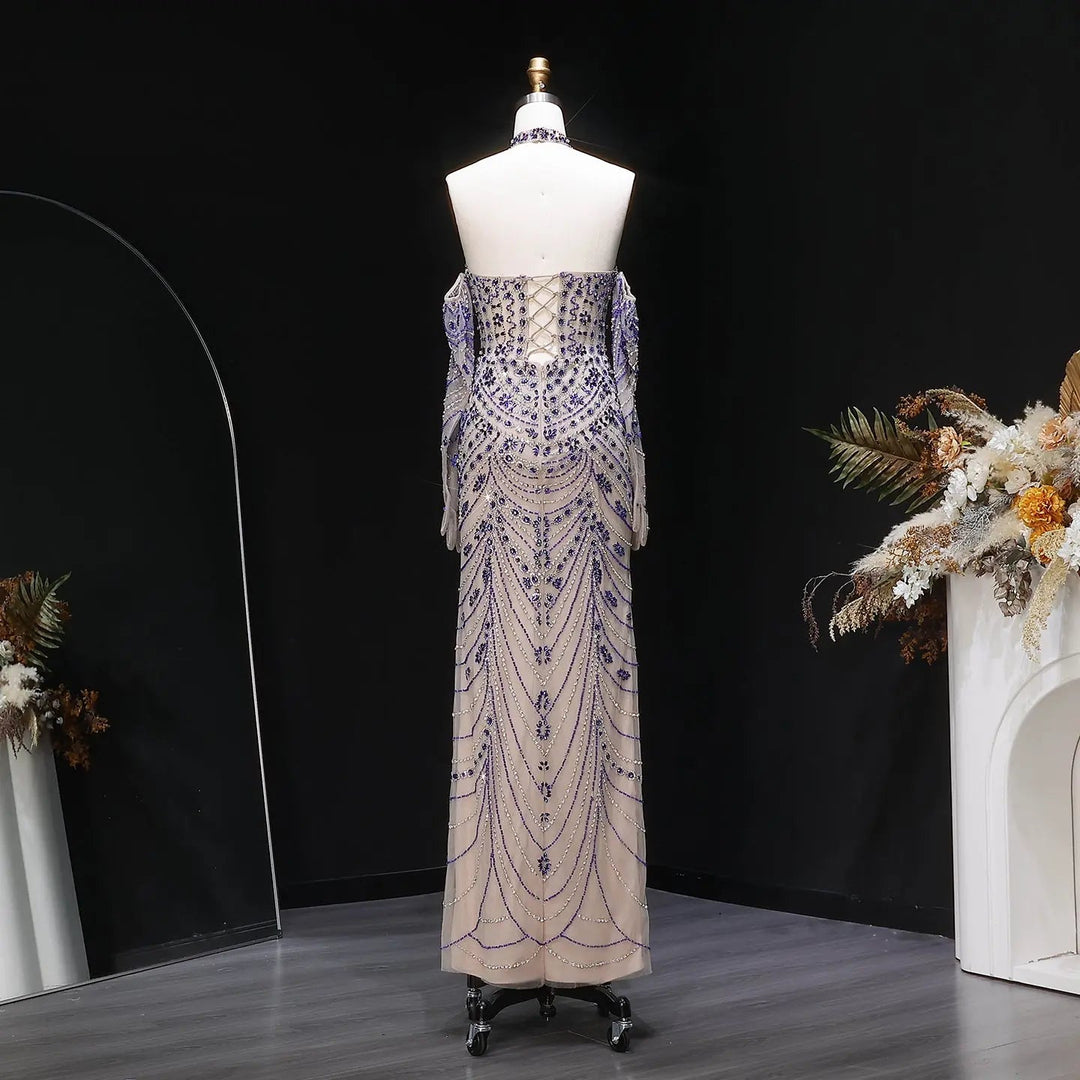 Elegant Beaded Halter Evening Gown with Sleek Silhouette Open-Back Detail SS125