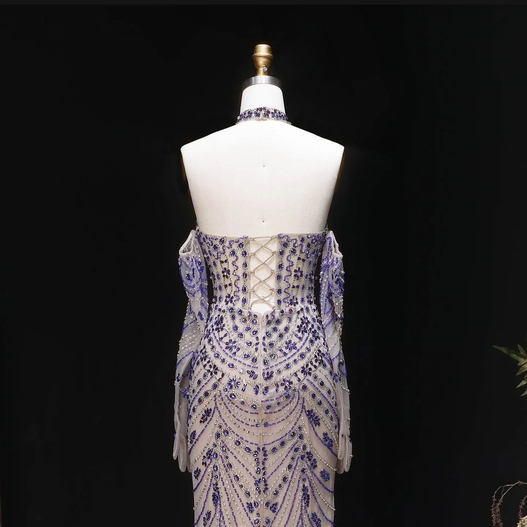 Elegant Beaded Halter Evening Gown with Sleek Silhouette Open-Back Detail SS125