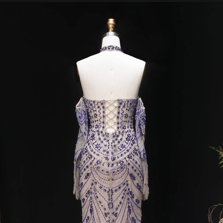 Elegant Beaded Halter Evening Gown with Sleek Silhouette Open-Back Detail SS125