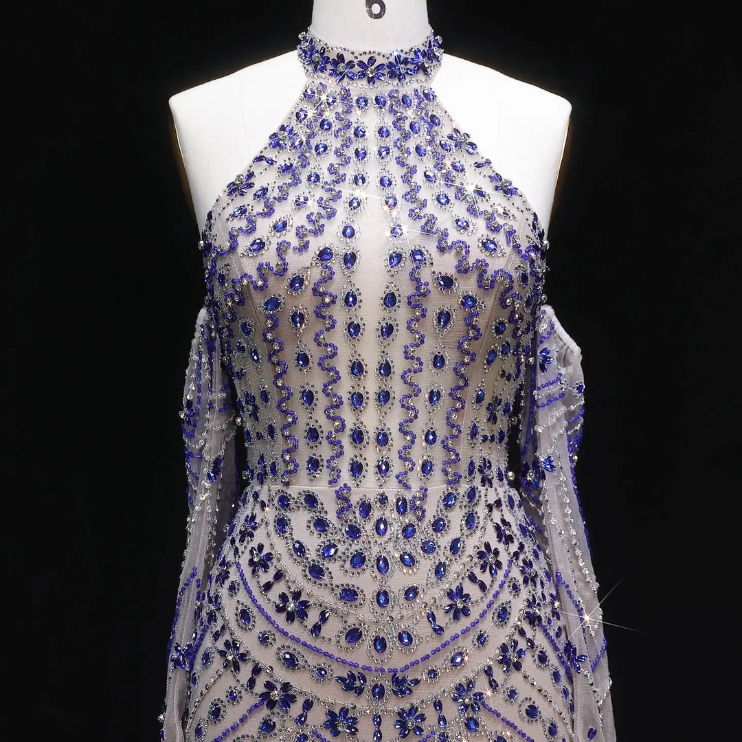 Elegant Beaded Halter Evening Gown with Sleek Silhouette Open-Back Detail SS125