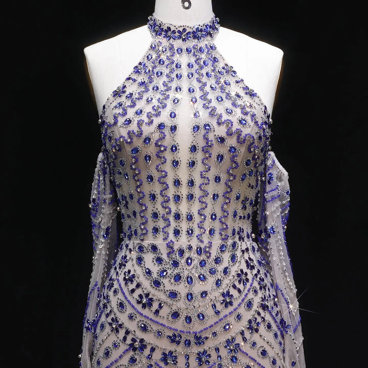 Elegant Beaded Halter Evening Gown with Sleek Silhouette Open-Back Detail SS125