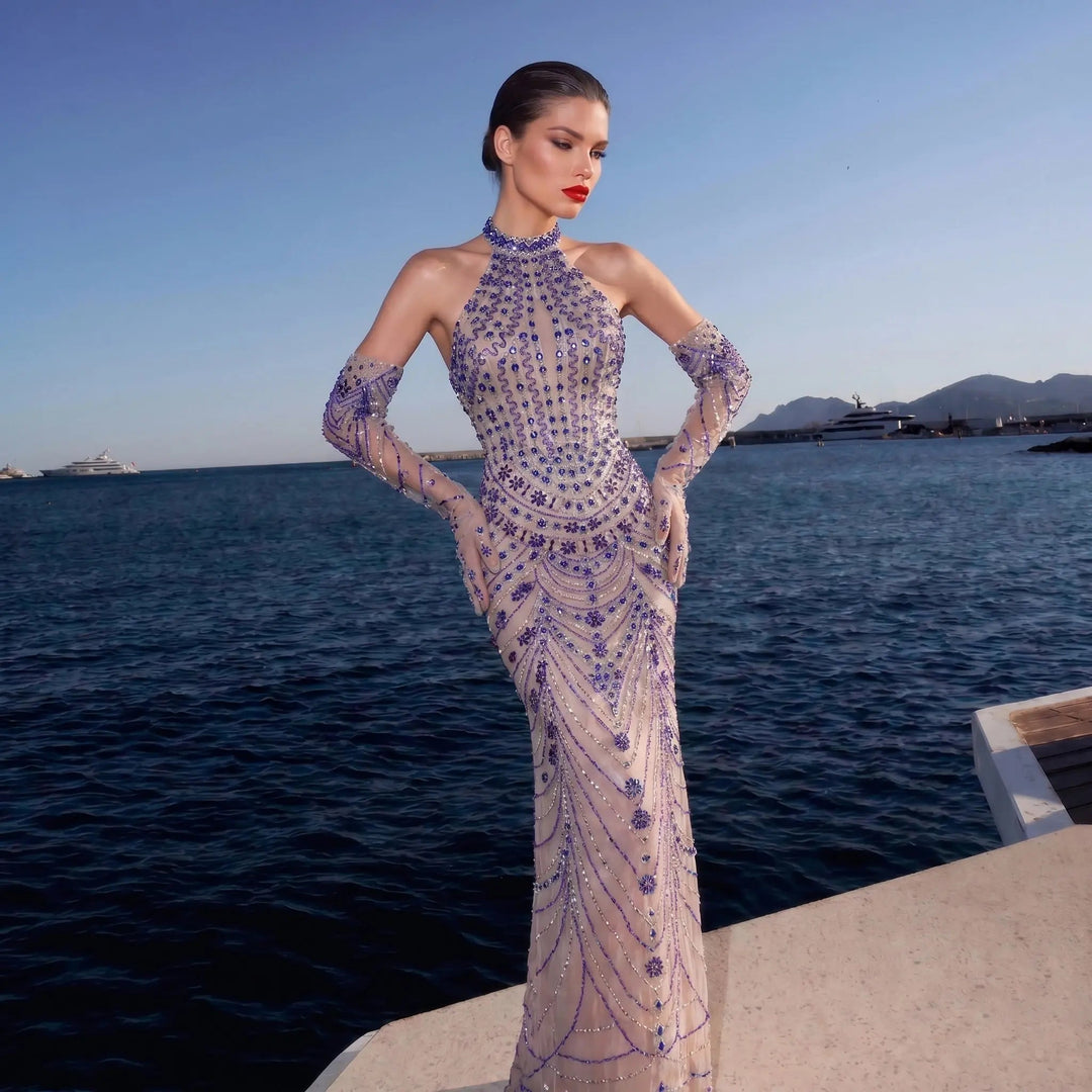 beaded halter cocktail dress Halter Neck Beaded Sheer Sheath Dress 47170