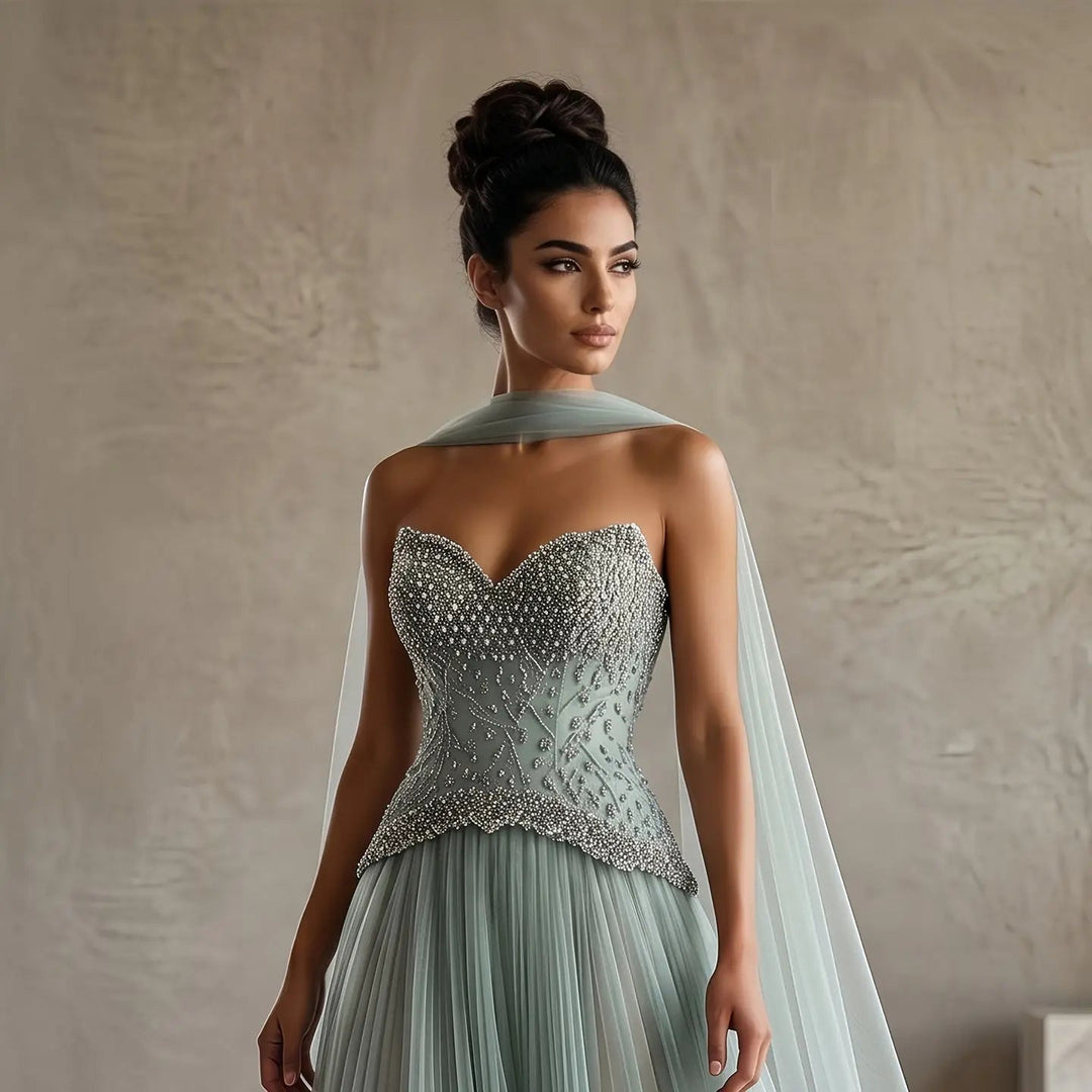 Elegant Peach Corset Evening Gown with Crystal Embellished Bodice SS299