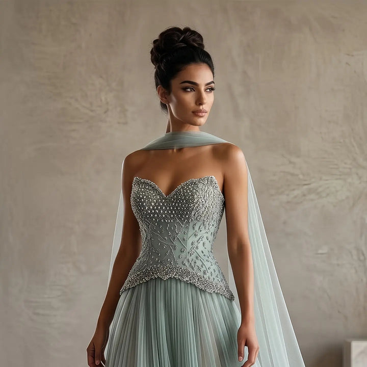 Elegant Peach Corset Evening Gown with Crystal Embellished Bodice SS299