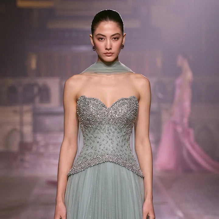 Elegant Peach Corset Evening Gown with Crystal Embellished Bodice SS299