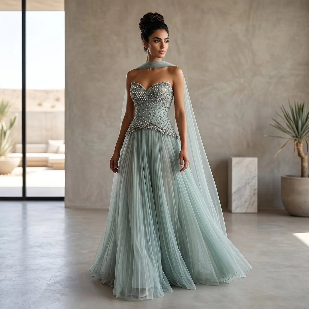 Elegant Peach Corset Evening Gown with Crystal Embellished Bodice SS299