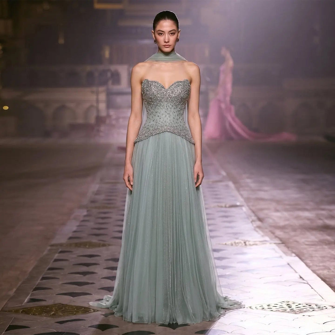 Elegant Peach Corset Evening Gown with Crystal Embellished Bodice SS299
