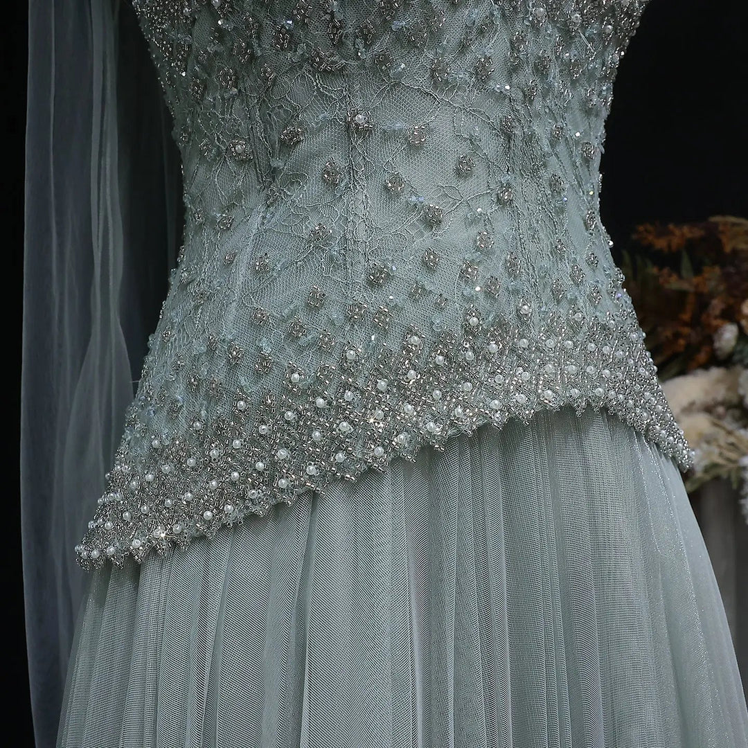 Elegant Peach Corset Evening Gown with Crystal Embellished Bodice SS299