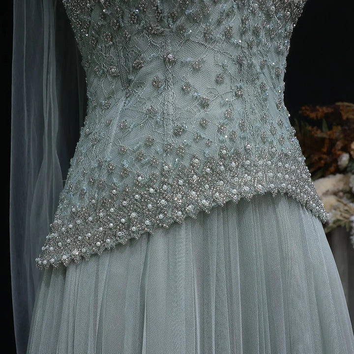 Elegant Peach Corset Evening Gown with Crystal Embellished Bodice SS299
