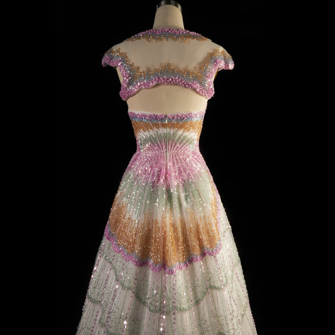 Luxury Shell Inspired Beaded Evening Dress with Layered Glitter Tulle SS296