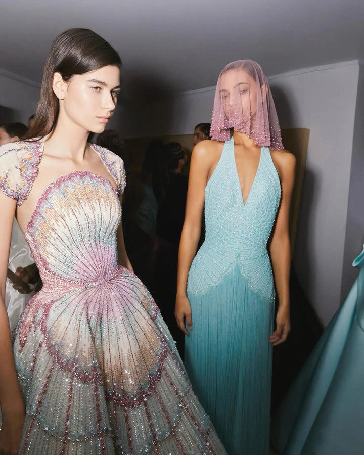Luxury Shell Inspired Beaded Evening Dress with Layered Glitter Tulle SS296