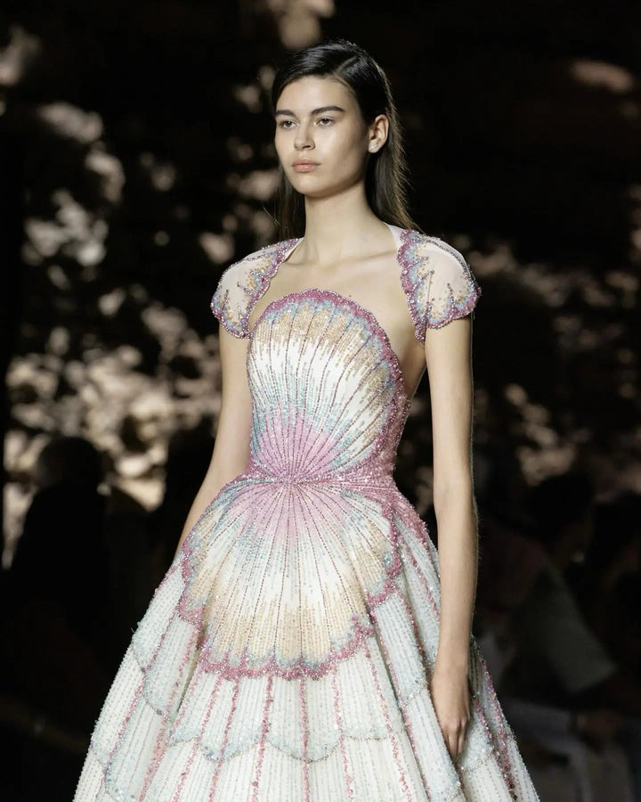 Luxury Shell Inspired Beaded Evening Dress with Layered Glitter Tulle SS296