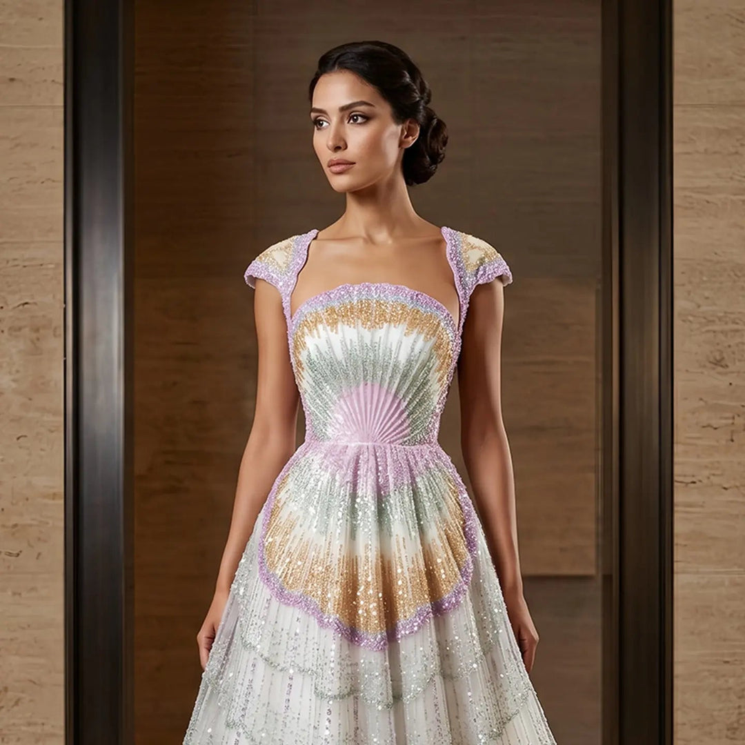 Luxury Shell Inspired Beaded Evening Dress with Layered Glitter Tulle SS296