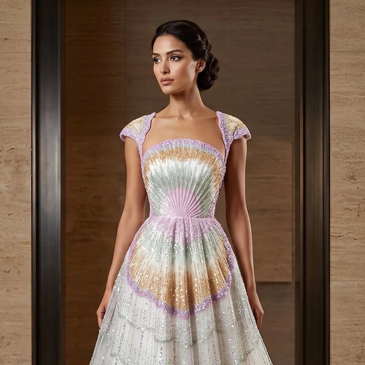 Luxury Shell Inspired Beaded Evening Dress with Layered Glitter Tulle SS296