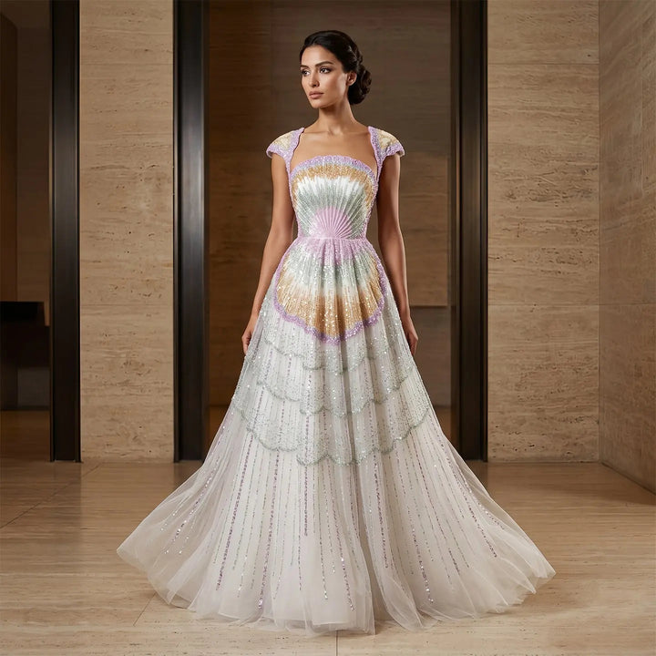 Luxury Shell Inspired Beaded Evening Dress with Layered Glitter Tulle SS296