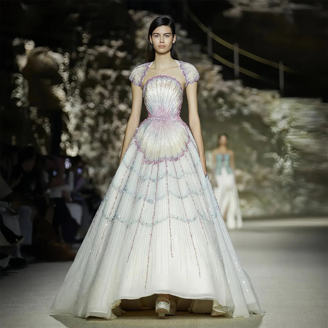 Luxury Shell Inspired Beaded Evening Dress with Layered Glitter Tulle SS296