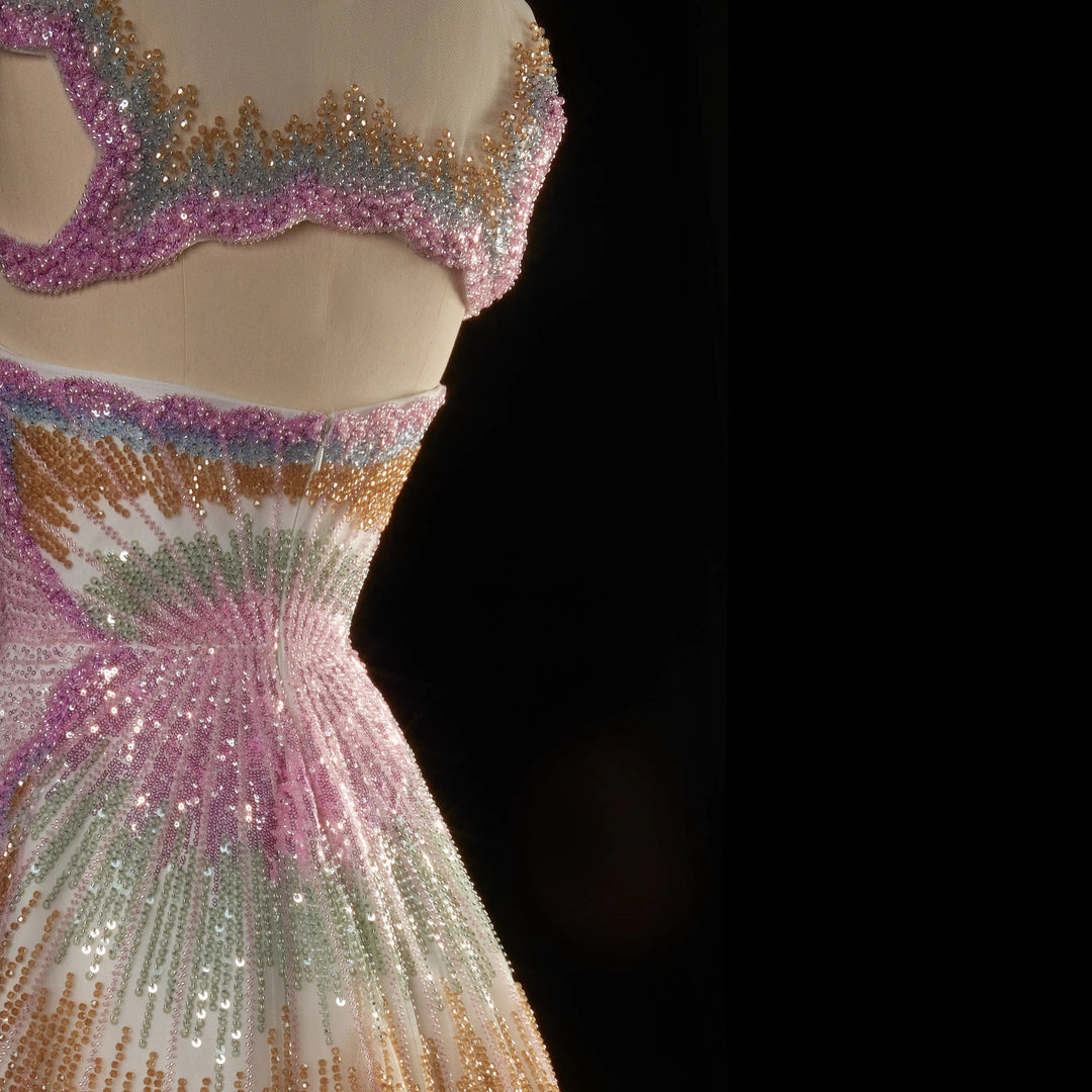 Luxury Shell Inspired Beaded Evening Dress with Layered Glitter Tulle SS296